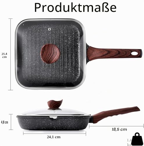 Foto von Kordisen Grillpfanne Induktion 24 cm mit Deckel – Grillpfanne mit Ausguss & Steakpfanne quadratisch, Granit Antihaftbeschichtung, für alle Herdarten, PFOA-frei