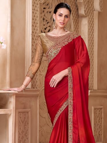 AKHILAM red satin silk saree – image 4