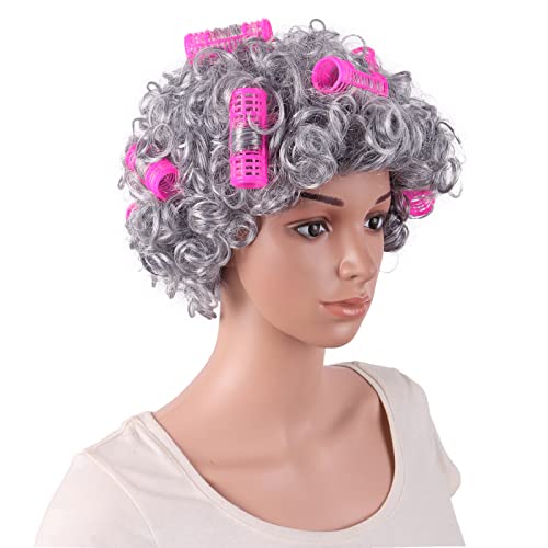 MapofBeauty 4 Inch/11 cm Curly Grandmother Hair Elderly Costume Granny wig With Hair Rollers Cosplay Lady Wig (Silver Grey) - Image 2