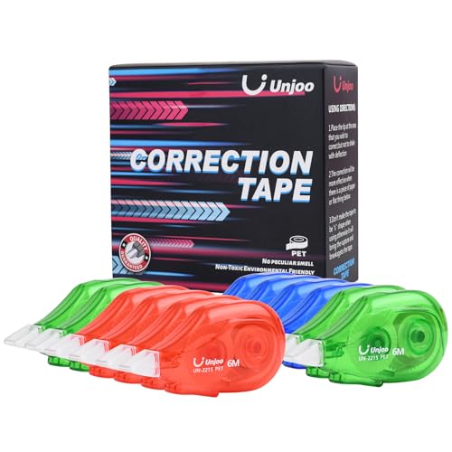 Unjoo Whiteout Correction Tape, Easy To Use Applicator for Instant Corrections Correct Wrong Writing At Any Time, For school, Office (6M/256" x 0.2",3 colors, 12pack)