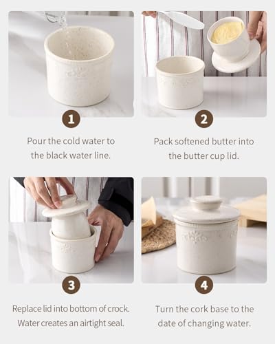 HOME DECOR Reaktywna glazura maselniczka z pokrywką, francuska reliefowa maselniczka z linią wodną, pojemnik na masło do świeżego masła do smarowania - kremowy w cętki