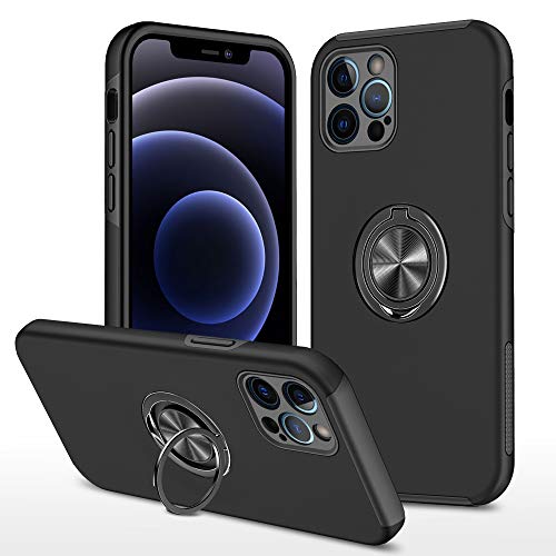 EYZUTAK Case for iPhone 12 Pro Max 6.7 inch, 360 Degree Rotation Magnetic Metal Finger Ring Holder Magnet Car Holder Inner Silicone with Camera Protection Glossy Anti-drop Hard Cover - Black