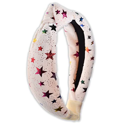 Frog Sac Top Knot Headbands For Girls, Metallic Star Hard Headband For Kids With Ultra Soft Velvet Fabric, Sparkly Girl Hair Accessories (Ivory) #TOP27