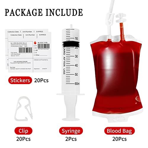 Mgparty 20Packs Halloween Blood Iv Bags Reusable Drink Pouches Juice Containers For Halloween Zombie Vampire Party Decoration With Syringe And Clips, 13.5 Fl.oz (20Pcs Bags, 20 Labels, 2 Syringes) #TOP3