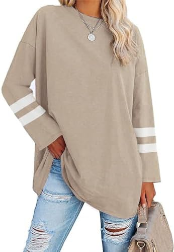 Ebifin Damen Langarmshirt Oversize Longshirt Rundhals | Pullover,Tunika,Langarm,Loose Fit,Casual,Basic,Lang Top,Longsleeve,Longpulli,Sweatshirt