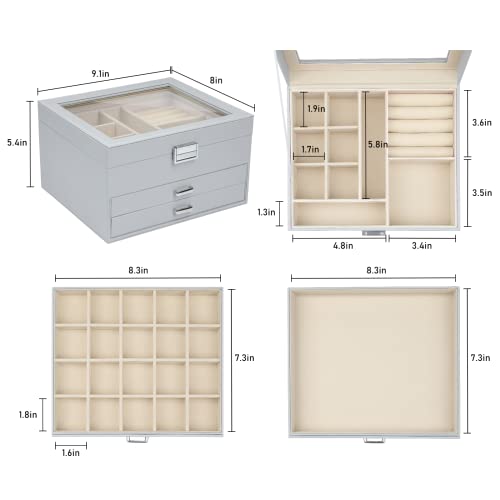 V-Lafuylife Jewelry Box With Clear Lid, 3-Layer Jewelry Organizer Box With 2 Drawers,For Rings Earrings Necklace Bracelets Jewelry Boxes For Women Girls (Grey) #TOP4
