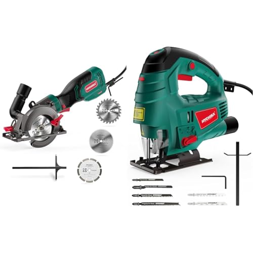 Scie Circulaire, HYCHIKA 750W 3500RPM Petite Scie Circulaire, 3 Lames(115 & 125mm) & Scie Sauteuse HYCHIKA 800W, Avec Moteur en Cuivre Puissant, 800-3000SPM...