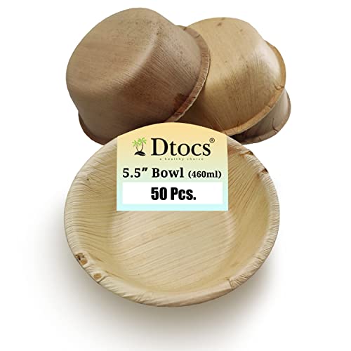 Dtocs Palm Leaf Bowl Set 5.5 Inch Round (Pack 50) | Bamboo Bowl Like Eco-Friendly, Compostable, Organic, Biodegradable Disposable Soup Bowl Dinnerware For Wedding, Camping, Eco Party #TOP8