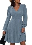 PRETTYGARDEN Womens Sweater Dress 2026 Fall Long Sleeve V Neck A Line Fit and Flare Ribbed Short Dresses Knit Outfits Pockets (Grey Blue,Small)