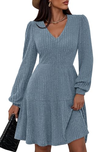PRETTYGARDEN Womens Sweater Dress 2026 Fall Long Sleeve V Neck A Line Fit and Flare Ribbed Short Dresses Knit Outfits Pockets (Grey Blue,XX-Large)