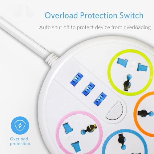 Image of SBF Round 4 Socket Extension Board with 2 USB Ports, Power Switch and 2M Cord | Multi Plug Power Strip for Home, Office, Mobile Charging, Laptop, TV (White(4P 2USB 1C))