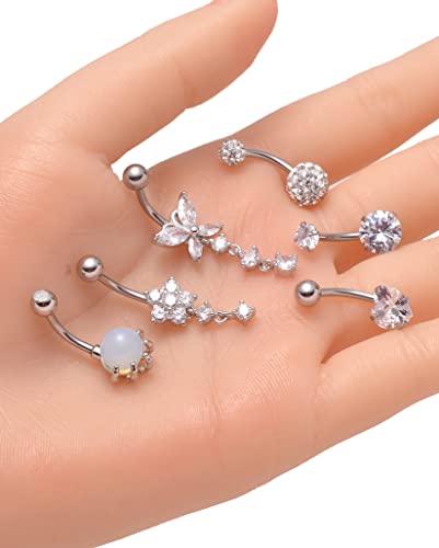 Ofeiyaa 9Pcs 14G Dangle Belly Button Rings Skull Butterfly Heart Cz Navel Rings Barbell Body Piercing Jewelry For Women #TOP5