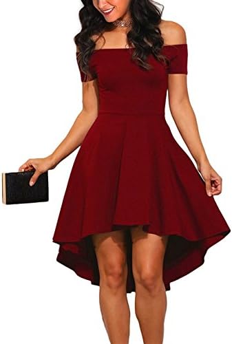 Angelady Women Sexy Off Shoulder Sleeve Flared Swing Party Skater Summer Dress,Red,Large