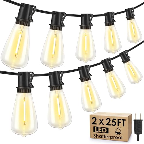 Larkvue 50FT(2x25FT) Outdoor String Lights, Patio Lights with 20+2 LED Dimmable Waterproof ST38 Vintage Bulbs for Backyard Bistro Cafe Deck, Black