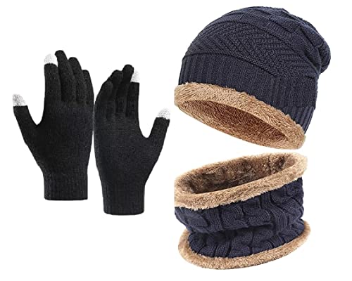 Image of Winter Thick Fleece Lined Beanie woolen Cap Hat, Neck Scarf and Touchscreen Gloves Set cap for Men Women(3 set)