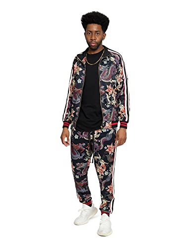 G-Style Usa Men's Dragon Floral Tracksuit Set - Zipper Jacket And Sweatpants St853 - Black - Large #TOP25