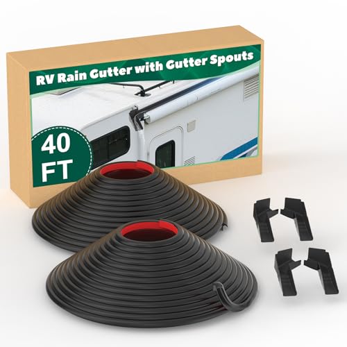 Memrita RV Rain Gutter & RV Gutter Spouts Kit, 40 Ft J-Shape Drip Rail with 2 Pairs Gutter Extensions, Strip Roof Rain Diverter with Nozzles, Directs Rainwater Away from The RV