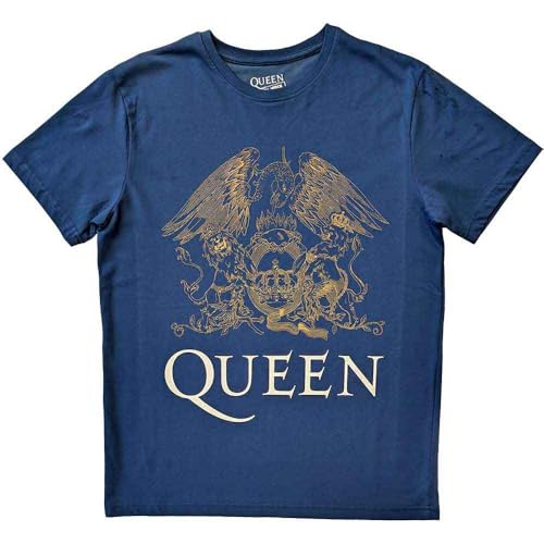 Queen T Shirt Gold Crest Band Logo Official Unisex Denim Blue XL