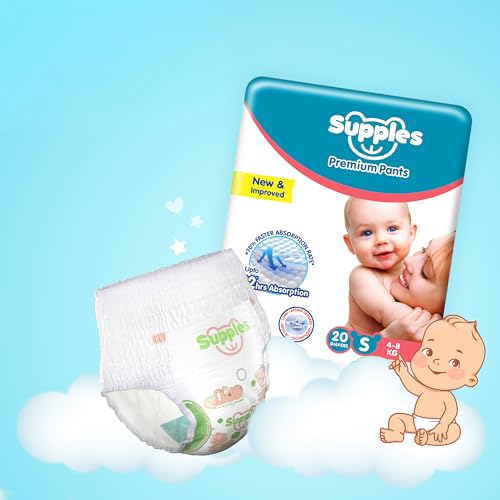 Image of Amazon Brand - Supples Premium Baby Diaper Pants | 20 Baby Diapers | Small | 4-8 Kg | 12 Hrs Absorption | Cushiony Cotton Soft Fabric | Phthalates-Free | Triple Leak Guard