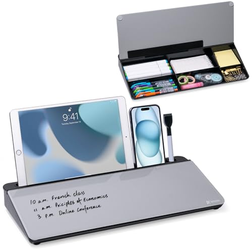Varhomax Schreibtisch-Whiteboard aus Glas mit Trockenabwischfunktion, Desktop-Whiteboard mit Aufbewahrung, To-Do-Liste, Notizblock, Schreibtisch-Begleiter und Tastaturständer (Schwarz/Grau)
