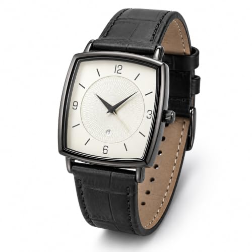Image of Analog Watch for Man Black Leather Strap White Dial Luxury Rectangle Design