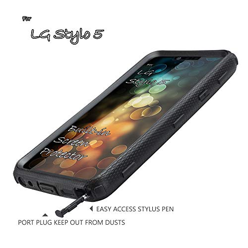 Covrware Iron Tank Case Compatible With Lg Stylo 5 / Stylo 5+ / 5X / Plus With Built-In Screen Protector Heavy Duty Full-Body Rugged Holster Armor Cover Brush Metal Texture Design Belt-Clip, Black #TOP5