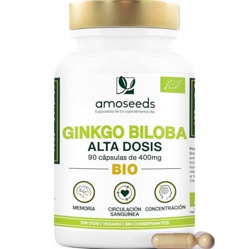 Ginkgo Biloba BIO | Alta Dosis, 4560mg / día | Estímulo cognitivo, Memoria, Circulación sanguínea | 90 cápsulas veganas y Orgánicas | Primera Calidad