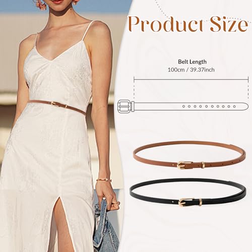 Image of Thin Belt for Women - Adjustable Skinny Leather Waist Belt for Formal Pants, Jeans, and Dresses with Fashion Buckle - Black & Camel, 2 Pack