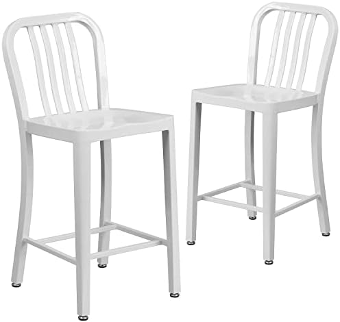 Flash Furniture Commercial Grade 2 Pack 24" High White Metal Indoor-Outdoor Counter Height Stool with Vertical Slat Back