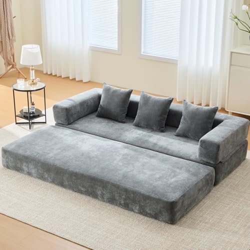 KOMHTOM Petit Canapé 2 Places en Chenille avec Coussins Confortables, DIY Libre et Poches Latérales - Canapé Convertible Multifonctionnel Moderne (Gris)