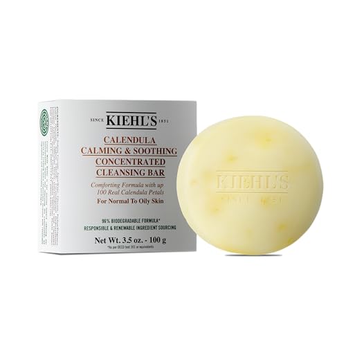 Kiehl's Calendula Concentrated Facial Cleansing Bar, Calming & Soothing Soap Cleanser for Normal to Oily Skin, Visibly Reduces Redness, Travel-Friendly, Biodegradable Skincare - 3.5 oz