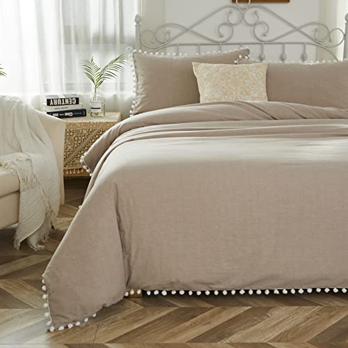 Softta Luxury Boho Twin Size 3Pcs Duvet Cover Set Pompom Lightweight Aesthetic for Girls Bedding Set Dark Khaki Pom-Fringe Pompom 100% Washed Cotton Quilt Cover Bedding Set