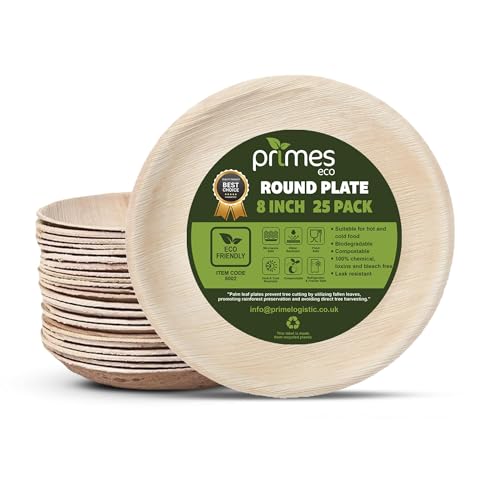 PRIMES ECO 8 Palm Leaf Disposable Plates 25 Pack Premium Eco Friendly Biodegradable & Compostable Round Palm Leaf Plates Natural Sturdy Disposable Tableware for Parties, Weddings, BBQ & Picnic