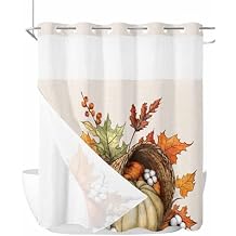 Fall Pumpkin No Hook Shower Curtain with Snap in Liner Set,Country Harvest Autumn Maple Leaf Flower Waterproof Fabric Bath Curtain,See Through Mesh Top Window Bathtub Curtain for Bathroom 72"x72"