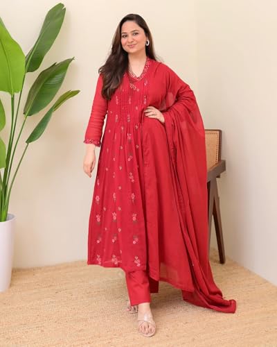 Image of KLOSIA Women Embroidery Solid Anarkali Kurta and Pant Set with Dupatta|Silk|Regular Fit