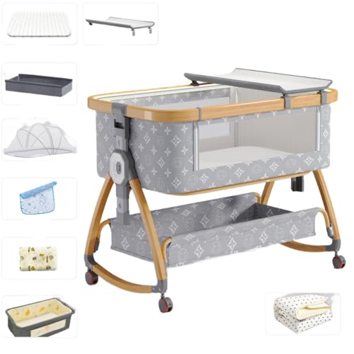 JoFistベビーベッド 添い寝 ゆりかご 新生児ベッド 折りたたみベビーベッド 高さ6段調節可能 キャスタ付き なポータブル移動式ベビーベッド ベビーマットレス、おむつ交換台、収納バスケット、蚊帳、 涼しいシーツ、枕、ベッドガード、布団付きで、生後すぐの