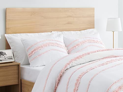 Image of Bohemian Boho Chic White and Pink Macrame Tufted Tassel 2 pc. Twin / Twin XL Size Bed Bedding Set Duvet Comforter Cover / Sham Blush Pink Textured Minimalist Cotton Fringe Farmhouse Indie Dorm Teen