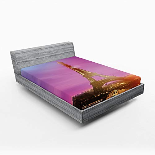Ambesonne Eiffel Tower 2 Pack Fitted Sheet, Colorful Sky Paris, Bed Cover All-Round Elastic Deep Pockets 2 Pieces, Package Contains 2 Full Size Fitted Sheets, Purple Orange