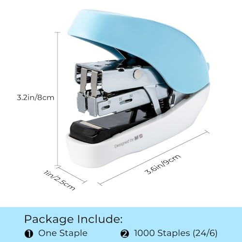 Image of M&G Mini Stapler with Staples, Small Blue Effortless Stapler Set, 20 Sheet Capacity, One Finger, 1000 Standard Staples, Office staplers for Desk, Easy to Load