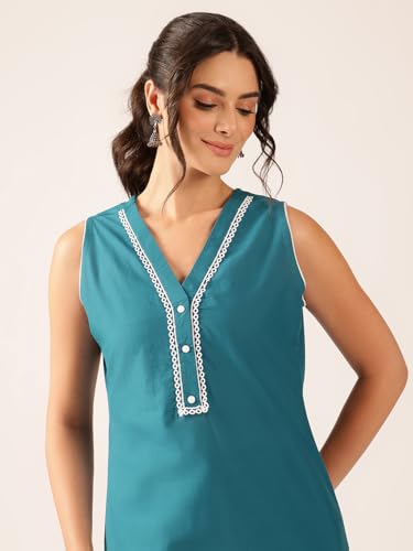 Image of Vbuyz Women's Printed & Hand Work Straight Cotton Blend Parrot Green Kurta,Pant with Dupatta | Kurta Set with Dupatta for Women | Suit Set | Ethnic Set | Printed Kurta Set | Salwar Set for Women