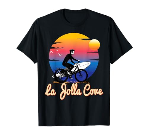 La Jolla Cove Surfer on a bike with a surfboard T-Shirt