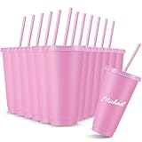 Amyhill 12 Pcs Reusable Cups with Lids and Straws 24 oz Plastic Tumbler Iced Coffee Cup Travel Mug for Smoothie Juices Birthdays Sleepover Party Supplies for Girls (Light Pink)