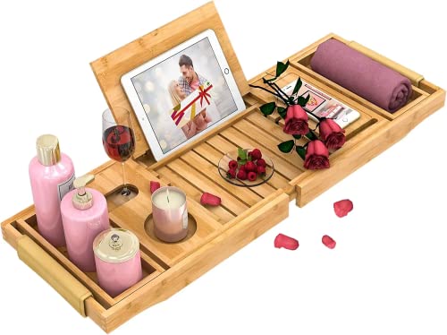 Bathtub Tray Bath Tub Tray - Expandable Bathtub Caddy With Reading Rack Or Tablet Holder, Premium Leather Grip And Non-Slip Pat For Luxury Bath, Bamboo Bathroom Table Tray For Tub, Gifts For Men Women #TOP12