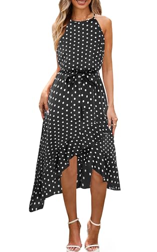 ECOWISH Polka Dot Women Summer Dress Midi A Line Ruffle High Low Sleeveless Boho Floral Halterneck Cocktail Tie Knot Sundress Black X-Large