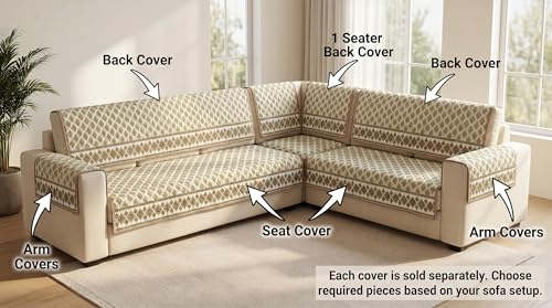 Image of Luxury Sofa Cover L Shape 5 Seater with Matching Cushion Cover 16x16 inch - Beige Diamond Jacquard 3+2 Seater (5 Seater) Quilted Sofa Cover Set Pack of 10, Washable, Beige Gold
