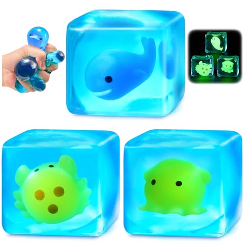 Squishy Stress Cube Fidget Toys Adults - Glow in The Dark Sensory Toys for Kids with Autism Stress Balls for Kids Squeeze Toys for Anxiety Stress Relief Gifts Whale Crab Octopus