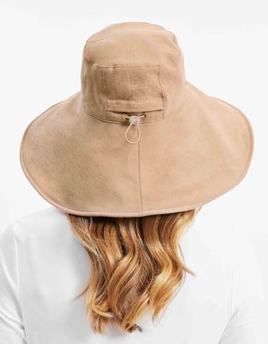 Solbari Ultra Wide Cotton Linen Hat UPF50+ Packable UV Sun Protection Hat with Large Brim and Detachable Strap Large-XLarge Desertsand/Beige