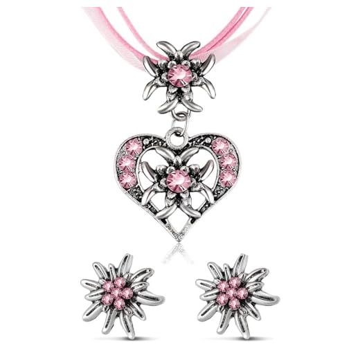 HSIXHAF 3 Pcs Set de Bijoux d'Edelweiss Fantaisie Bijoux de Dirndl Bavarois Collier d'Edelweiss Strass avec Pendentif Cœur Boucles d'Oreilles d'Edelweiß pour Fête de Bière Traditionnelle