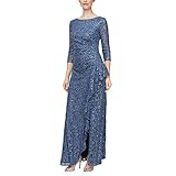 Alex Evenings Women's Long 3/4 Sleeve, Mother of The Bride Dress w/Cascade Ruffle & Front Slit, (Petite and Regular Sizes), Wedgewood Sleeve, 14