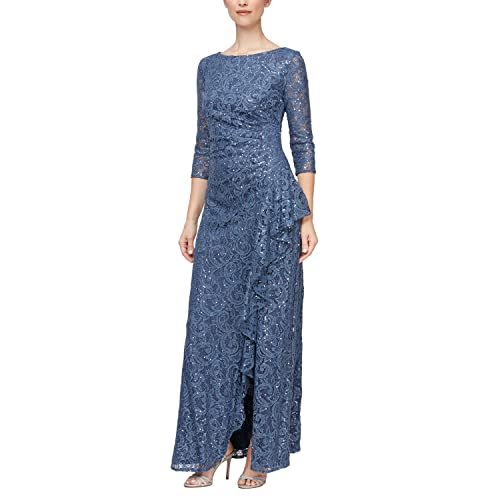 Image of Alex Evenings Women's Long 3 /4 Sleeve, Mother of The Bride Dress W /Cascade Ruffle and Front Slit, (Petite and Regular Sizes)